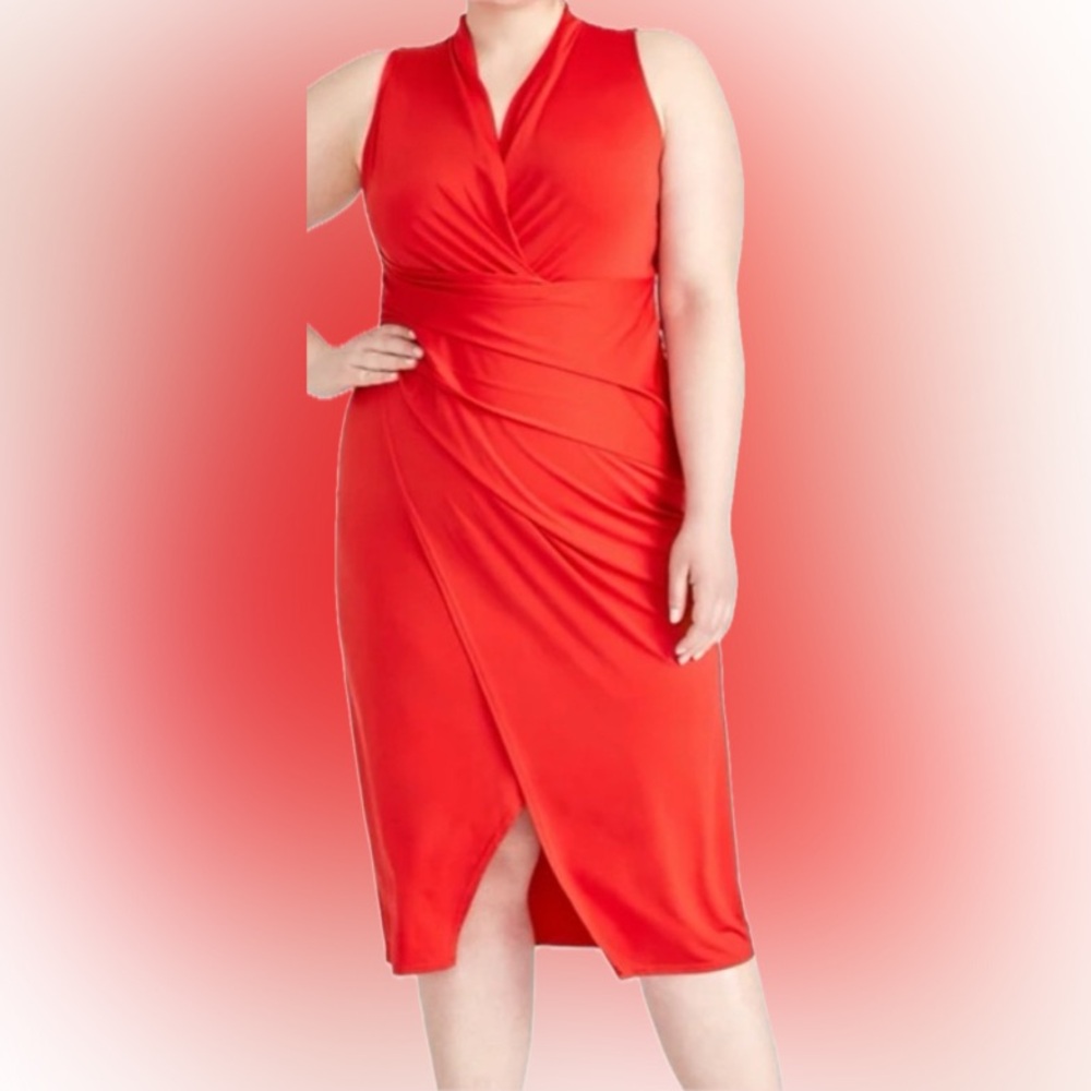 Rachel Ray Bold Red Ruched Sleeveless Midi Dress